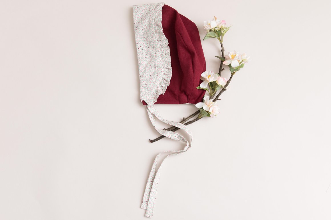Vintage wine colour and flowery reversible bonnet with a frilled edge - flower girl - christening - photography shoots - special occasions